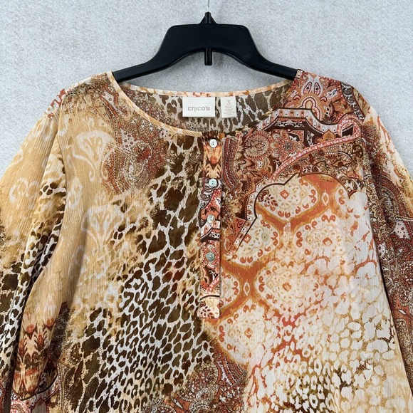 Chicos Tunic Top Women XL Asymmetrical Hem 3/4 Sleeve Leopard Roll‎ Tab Chiffon - Picture 3 of 16